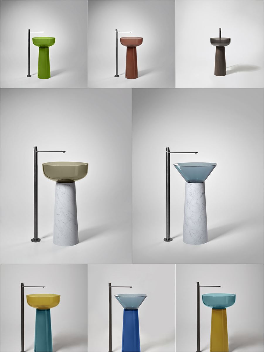 lavabo freestanding trasparente in resina colorata e colonna in marmo
