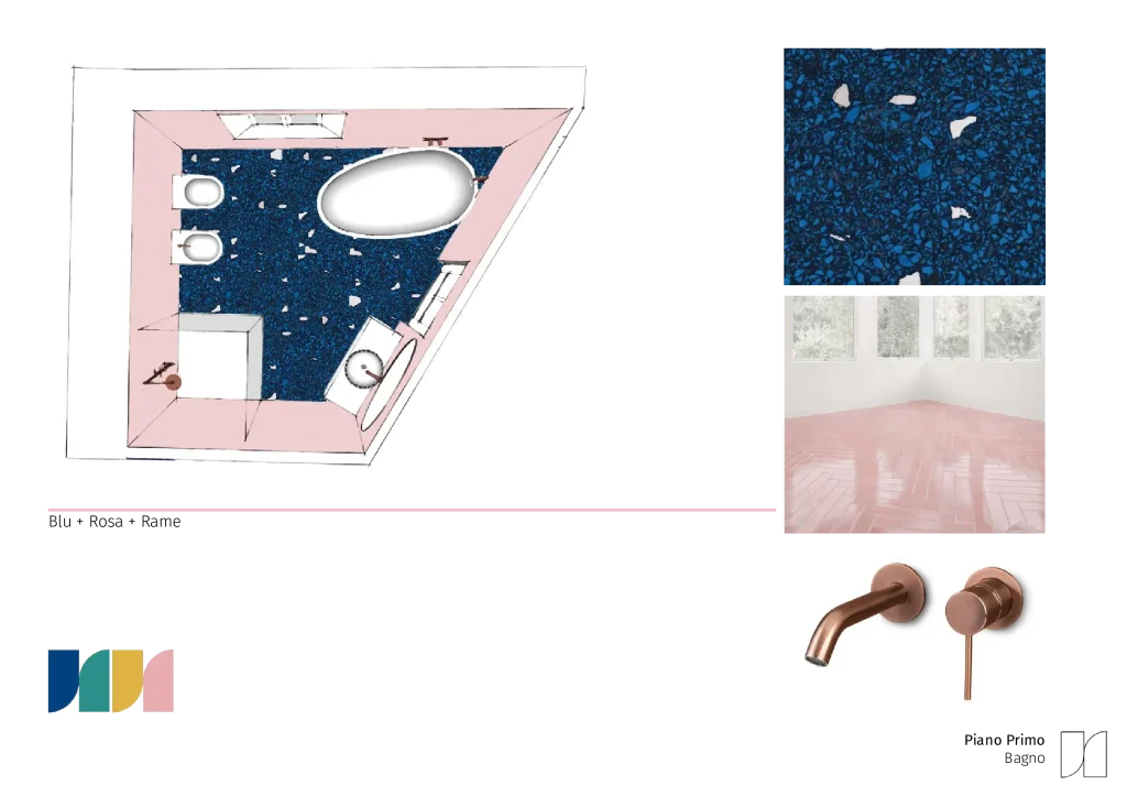 bagno con pavimento blu e pareti con piastrelle rosa