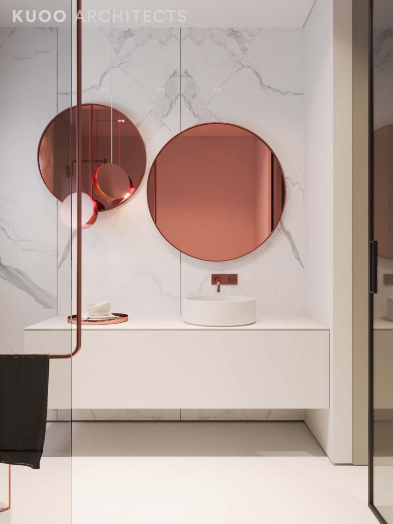 rose gold and marble bathroom