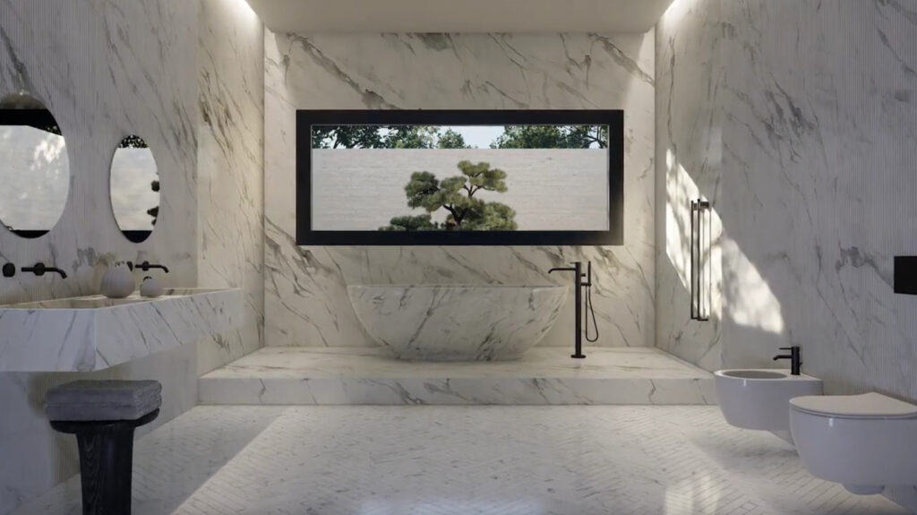 bagno in marmo con finestra in alluminio nero
