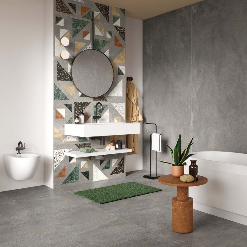 piastrelle bagno con mix di effetto terrazzo ed effetto pietra