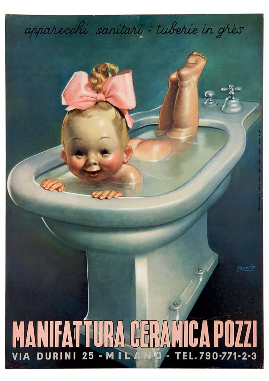 locandina pubblicitaria 1950 bidet Ceramica Pozzi