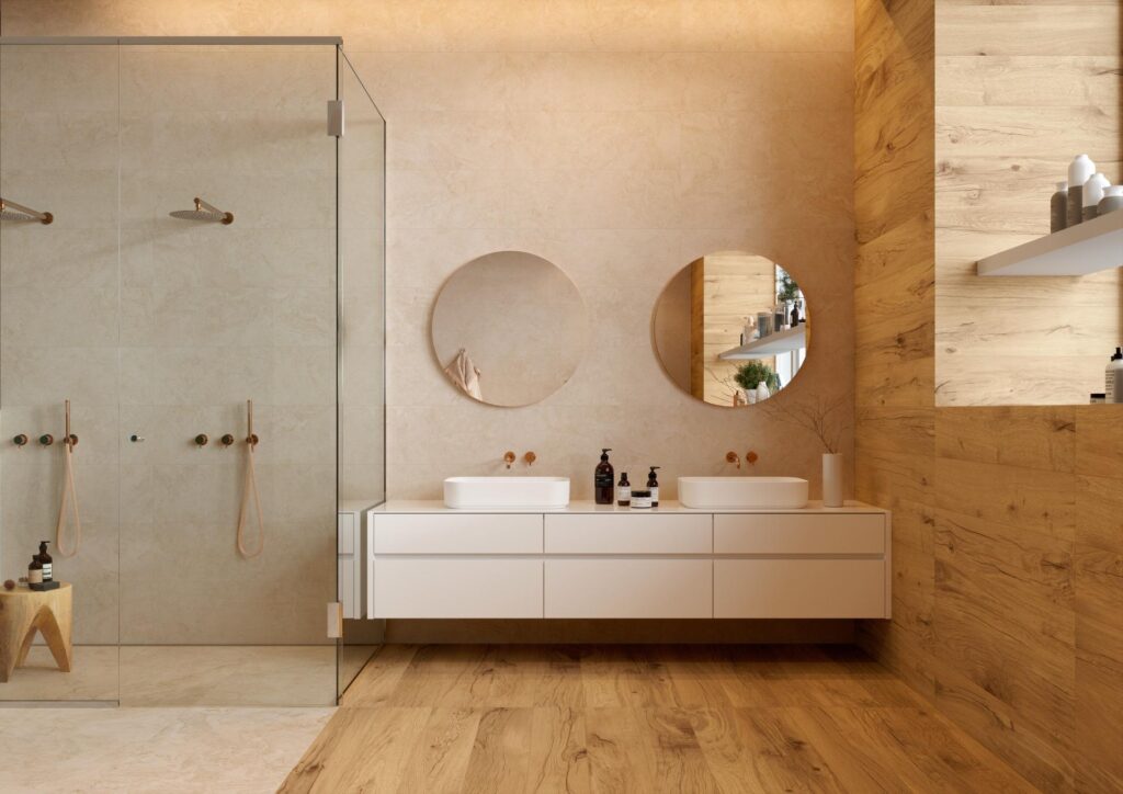 bagno con gres effetto legno e marmo