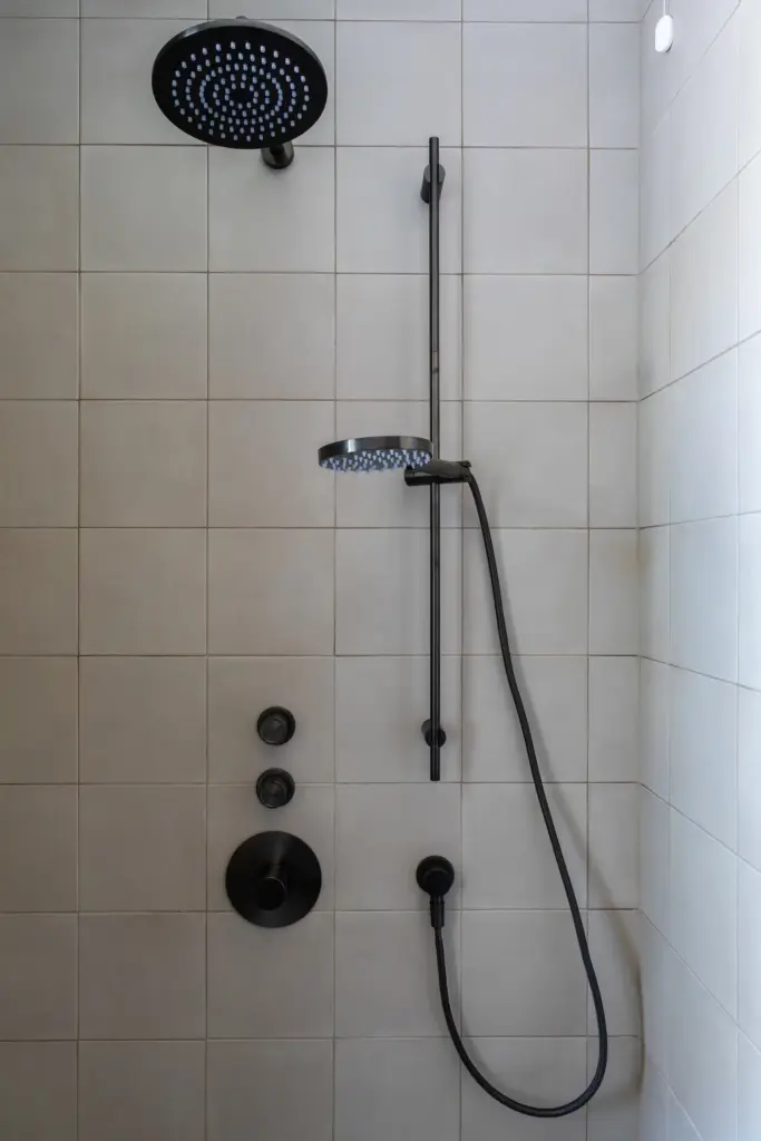 parete doccia con miscelatore termostatico, asta saliscendi in acciaio inox nero