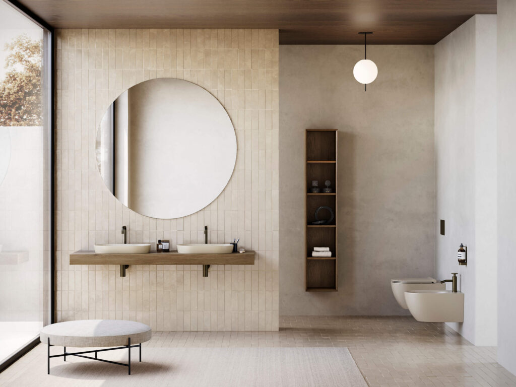 doppio lavabo appoggio color sabbia Ceramica Catalano doppio lavabo color sabbia in appoggio su mensola di legno in bagno di design