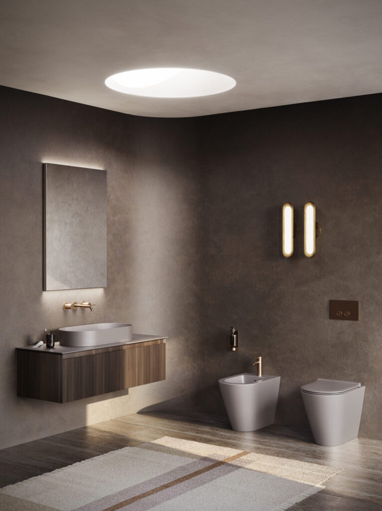 sanitari filo parete a pavimento color tortora e lavabo in appoggio per bagno di design Ceramica Catalano