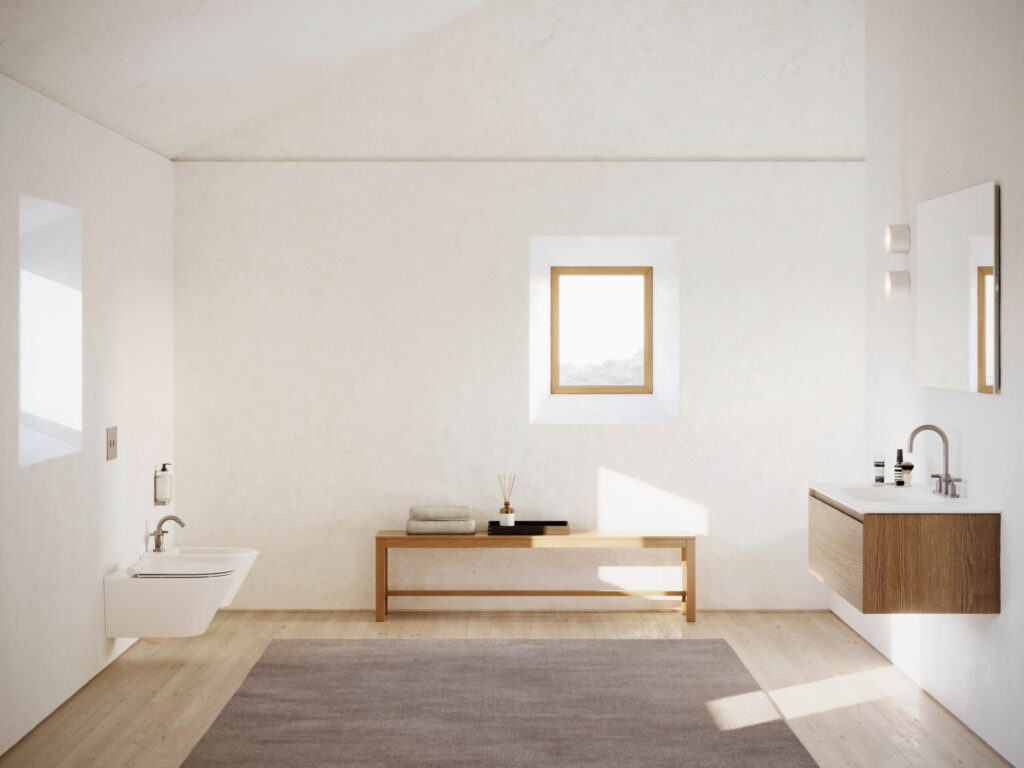 bagno di design con sanitari sospesi bianchi Ceramica Catalano e mobile da bagno con lavabo in ceramica
