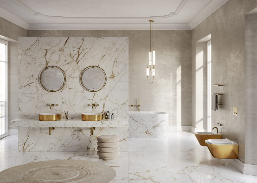 sanitari e lavabi Gold Ceramica Catalano bagno di lusso in marmo con sanitari dorati e lavabi finitura esterna oro