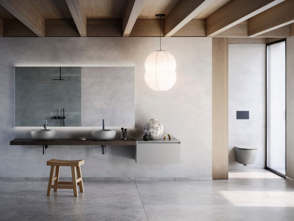 lavabo appoggio grigio cemento Ceramica Catalano lavabo grigio cemento in appoggio su mobile da bagno di design