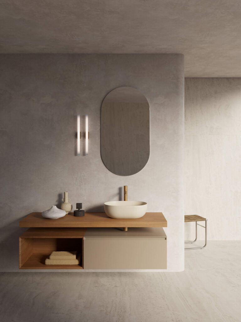 lavabo appoggio color Lino Ceramica Catalano Bagno di design con lavabo da appoggio color lino su mobile sospeso