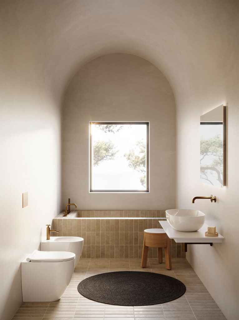 sanitari a terra filo parete e lavabo in ceramica bianca lucida bagno di design con forme stondate