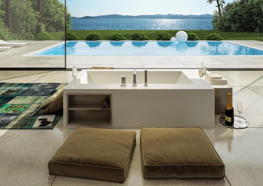 vasca da bagno design squadrata da centro stanza con libreria