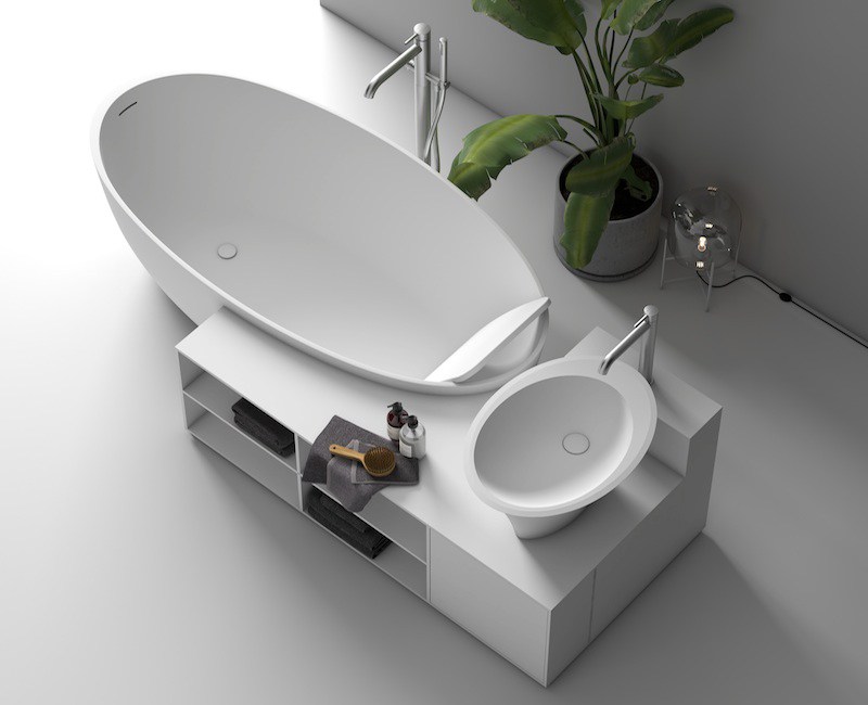 Vasca da bagno design in Corian con lavabo in appoggio integrato in un monoblocco
